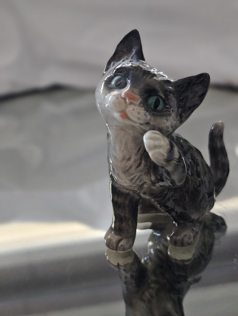 Vintage Goebel West Germany Glazed Gray Tabby Cat Figurine with Blue-Green Eyes